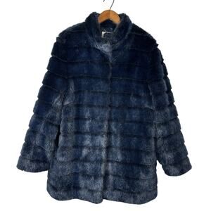 Laundry by Shelli Segal XL Faux Fur Coat Navy Blue Plush Soft Jacket Luxe Glam